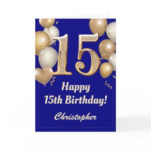 15th Birthday Navy Blue and Gold Balloons Confetti Card