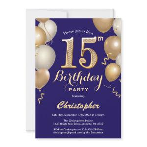 15th Birthday Navy Blue and Gold Balloons Confetti