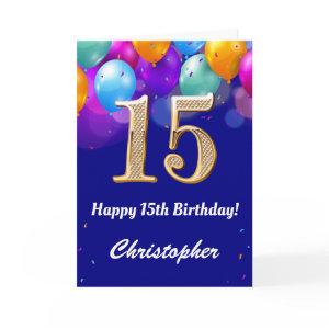 15th Birthday Navy Blue and Gold Colorful Balloons Card