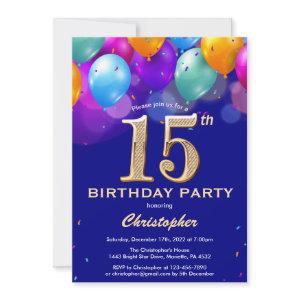 15th Birthday Navy Blue and Gold Colorful Balloons