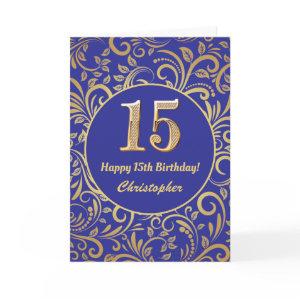 15th Birthday Navy Blue and Gold Floral Pattern Card