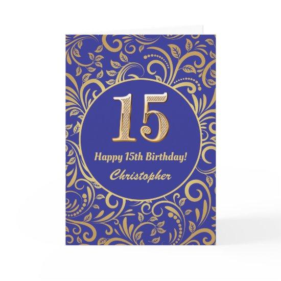 15th Birthday Navy Blue and Gold Floral Pattern Card