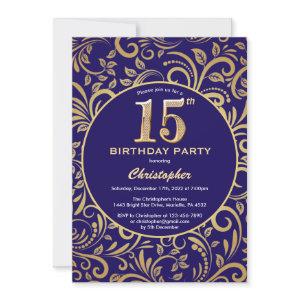 15th Birthday Navy Blue and Gold Floral Pattern
