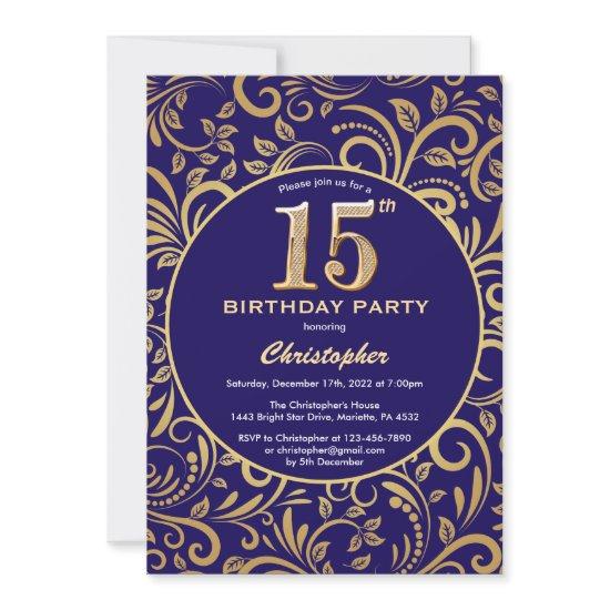 15th Birthday Navy Blue and Gold Floral Pattern