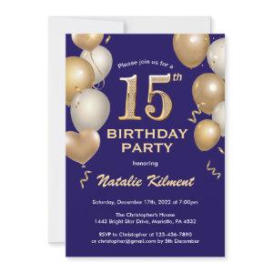 15th Birthday Navy Blue and Gold Glitter Balloons