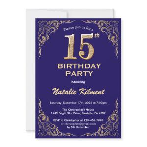 15th Birthday Navy Blue and Gold Glitter Frame