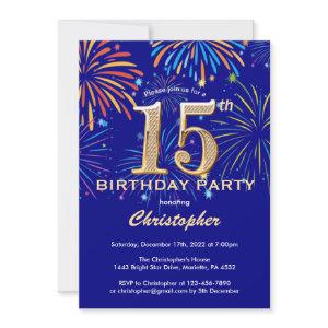 15th Birthday Navy Blue and Gold Rainbow Fireworks