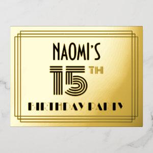 15th Birthday Party ~ Art Deco Style “15” + Name Foil  Postcard