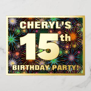 15th Birthday Party: Bold, Colorful Fireworks Look Foil  Postcard