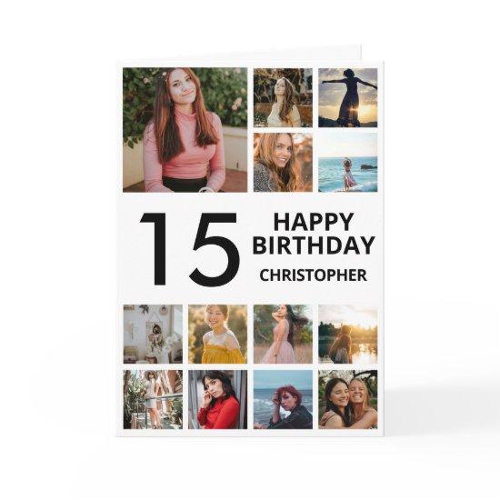 15th Birthday Photo Collage 13 Photos Black White Card
