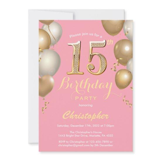15th Birthday Pink and Gold Balloons Confetti