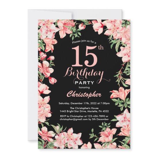 15th Birthday Pink Floral Flowers Black Background