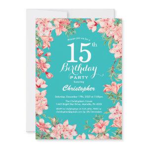 15th Birthday Pink Floral Flowers Teal Background