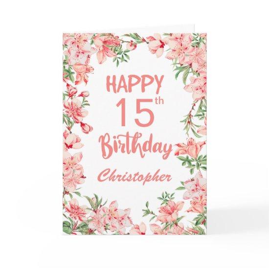 15th Birthday Pink Peach Peonies Watercolor Floral Card