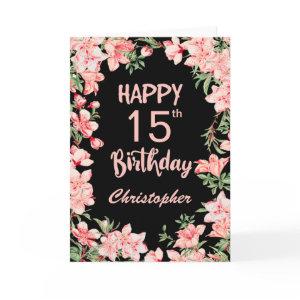 15th Birthday Pink Peach Watercolor Floral Black Card