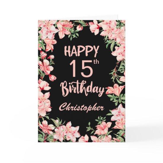 15th Birthday Pink Peach Watercolor Floral Black Card