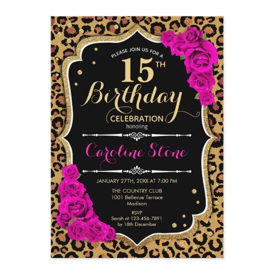 15th Birthday - Pink Roses Leopard Print