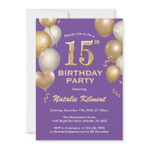 15th Birthday Purple and Gold Glitter Balloons