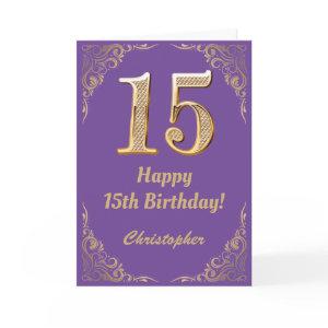 15th Birthday Purple and Gold Glitter Frame Card