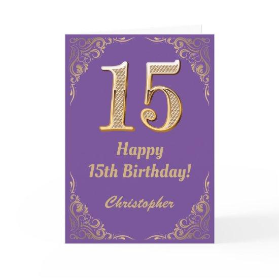 15th Birthday Purple and Gold Glitter Frame Card