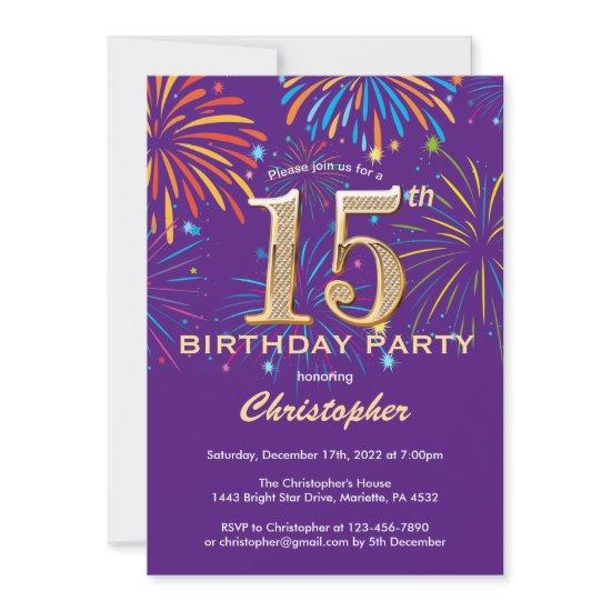 15th Birthday Purple and Gold Rainbow Fireworks