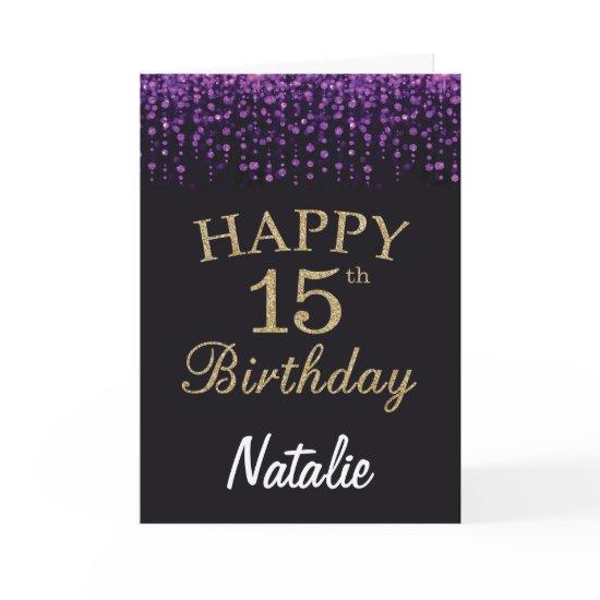 15th Birthday Purple Black and Gold Glitter Card