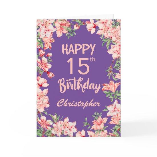 15th Birthday Purple Pink Peach Watercolor Floral Card