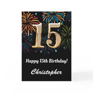 15th Birthday Rainbow Fireworks Black and Gold Card