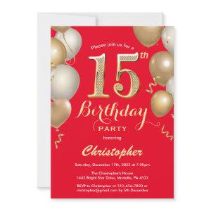 15th Birthday Red and Gold Balloons Confetti