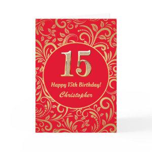 15th Birthday Red and Gold Floral Pattern Card