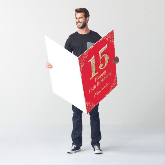 15th Birthday Red and Gold Glitter Extra Large Card