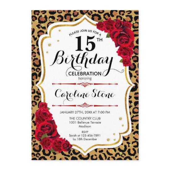 15th Birthday - Red Gold Leopard Print