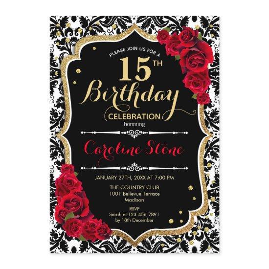 15th Birthday - Red Roses Gold Black Damask