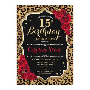 15th Birthday - Red Roses Leopard Print