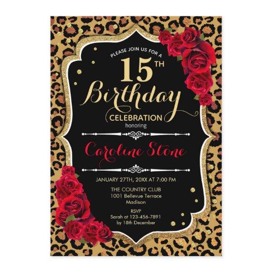 15th Birthday - Red Roses Leopard Print
