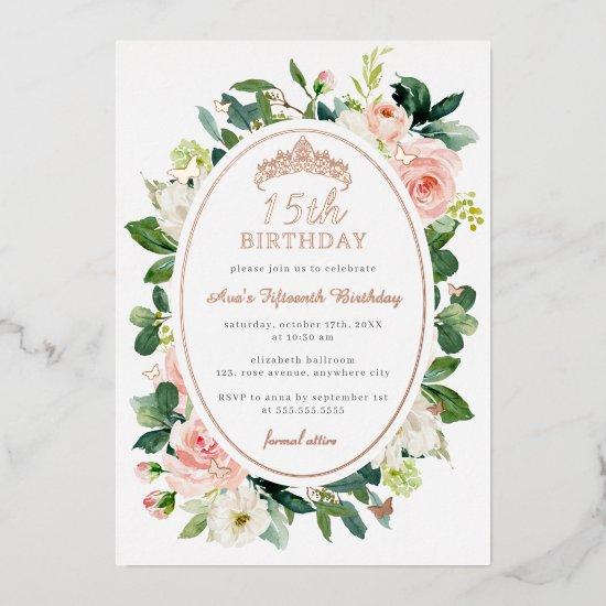 15th Birthday Rose Gold Pink Butterfly Floral  Foil