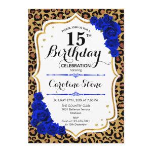 15th Birthday - Royal Blue Gold Leopard Print