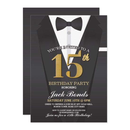 15th Birthday Spy Suit Black tie Gold Tuxedo Ball