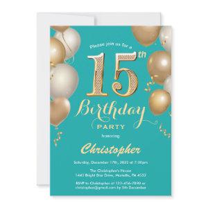 15th Birthday Teal and Gold Balloons Confetti