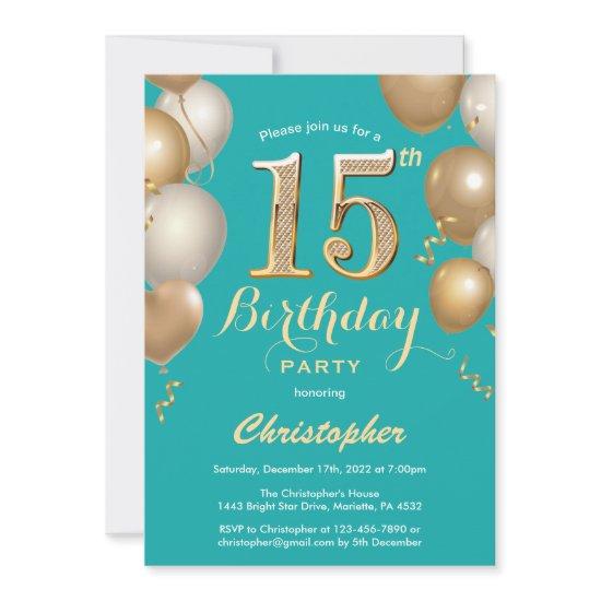 15th Birthday Teal and Gold Balloons Confetti