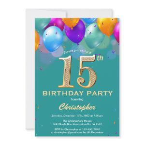 15th Birthday Teal and Gold Colorful Balloons