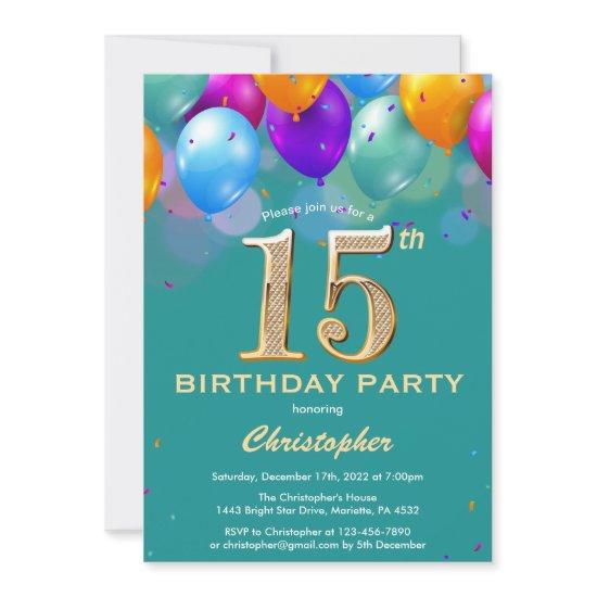 15th Birthday Teal and Gold Colorful Balloons