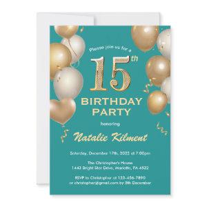 15th Birthday Teal and Gold Glitter Balloons