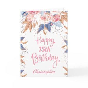 15th Birthday Watercolor Botanical Pink Floral Card