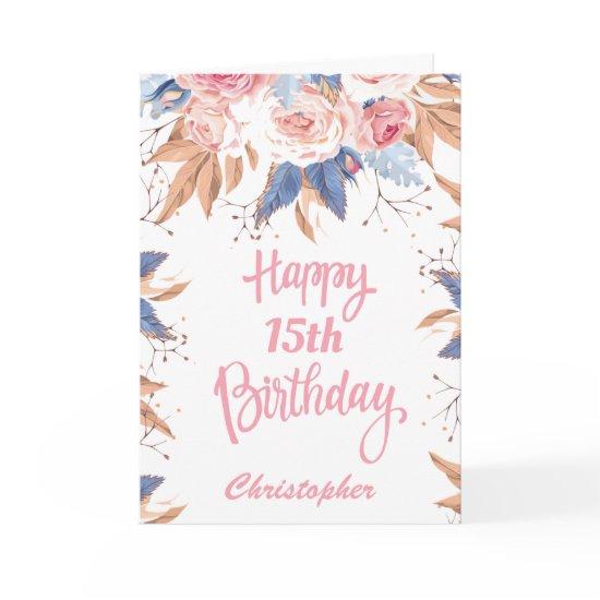 15th Birthday Watercolor Botanical Pink Floral Card