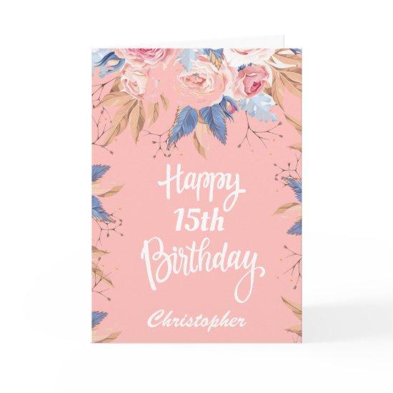 15th Birthday Watercolor Botanical Pink Floral Card