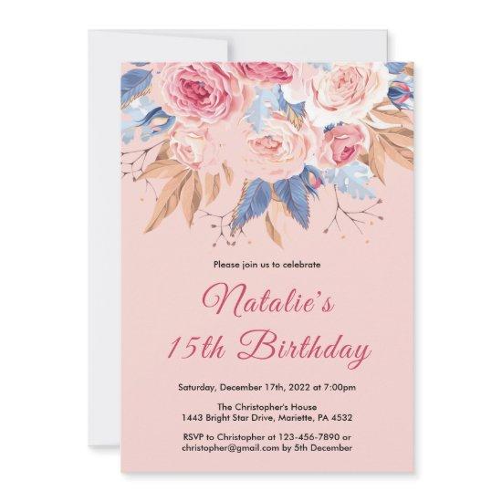15th Birthday Watercolor Botanical Pink Floral
