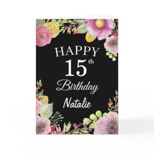15th Birthday Watercolor Floral Flowers Black Card