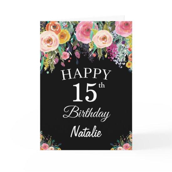 15th Birthday Watercolor Floral Flowers Black Card