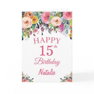 15th Birthday Watercolor Floral Flowers Pink Card